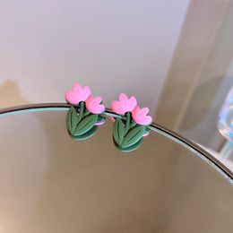 Stud Earrings AOMU Romantic Sweet Pink Green Resin Acrylic Tulip Irregular Geometric Plant Small Flower For Women Party