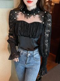 Women's Blouses Fashion Korean Pink Blouse Women Black Lace Pearl Shirts Long Sleeve Ruffles Back Zipper Sexy Flare Tops