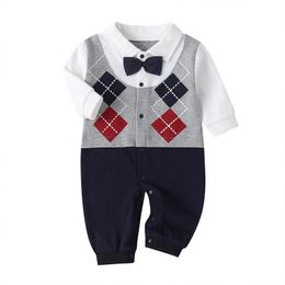 Jumpsuits Fashion Baby Boy Romper With Bow-knot Tie Patchwork Infant Long Sleeve Button-up Jumpsuit Toddler Outfit For Spring Fall Clothes