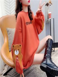 Women's Hoodies & Sweatshirts Spring 2023 Kawaii Teen Girl Yellow Long Sweatshirt Korean Cute Bear Embroidery Women Sleeve Orange Loose Tops