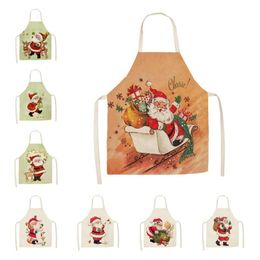 Aprons 1Pcs Kitchen Apron Cartoon Santa Claus Merry Christmas Printed Sleeveless Cotton Linen For Men Women Home Cleaning Tools