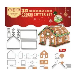 Other Bakeware 10Pcs 3D Gingerbread House Stainless Steel Christmas Scenario Cookie Cutters Set Biscuit Mould Fondant Cutter Baking T Dhrfv