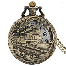 Pocket Watches Bronze Hollow Out Locomotive Steam Train Clock Men Women Antique Quartz Watch Sweater Necklace Chain Half