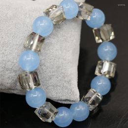 Strand 12mm Blue Dyed Natural Stone Chalcedony Jades Round Beads Beaded Bracelet For Women Crystal Square 10mm Jewelry 7.5inch B2934