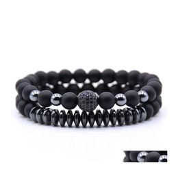 Beaded Strands 2Pc/Sets Natural Stone Bracelet Men Woman Tiger Eyes Bead Beaded Black Mantra Prayer Beads Buddha For Women Drop Del Dhmff