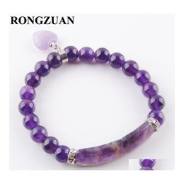 Beaded Strands Natural Amethyst Gemstone 8Mm Round Beads Strand Stretch Bracelets Bangles Heart Shape Pendant Fitting Women Jewelry Dhnfw