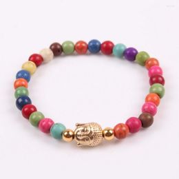 Link Bracelets Fashion Handmade Buddha Bracelet For Women Men Colorful Bead Ball Stone Gold Color Alloy Metal Charm Peace Bangle Jewelry