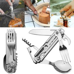 Dinnerware Sets Multifunction Folding Camping Cutlery Utensils Portable Stainless Steel Spoon Fork Knives & Bottle Opener Tableware Set