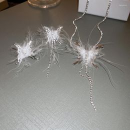 Backs Earrings White Feather Clip For Women Asymmetric Butterfly Long Ear Cuff Korean Shiny Rhinestone Jewelry Accessories