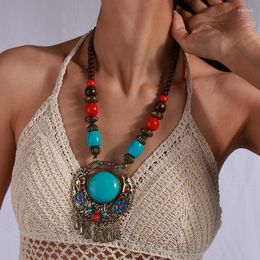 Choker Bohemian Blue Stone Vintage Wood Beads Handmade Round Tassel Pendant Necklace Ethnic Statement Accessary