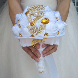 Wedding Flowers White Bouquet Gold Diamond Silver Pearl Decoration Bridal Artificial Ribbon Rose