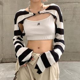Women's Knits Sexy Cropped Sweater For Women Vintage Cutout Knob Irregular Black And White Colorblock Striped Knit Blouse