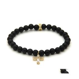 Charm Bracelets Easter Wholesale Summer Jewellery Fashion 6Mm Matte Agate Stone With Clear Zircons Loyal Cross Cz Beads Drop Delivery Dhgro