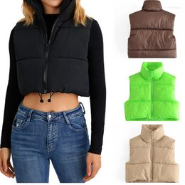 Women's Vests Women Puffy Solid Colour Sleeveless Zip Up Stand Collar Lightweight Padded Cropped Drawstring Winter Warm Coat
