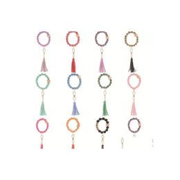 Keychains Lanyards Fashion Flower Pattern Wood Beads Bracelets Leather Wrap Tassels Bracelet Keychain Round Bangle Keyring Drop De Dhkqr