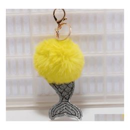 Keychains Lanyards Fashion Mermaid Keychain Faux Rabbit Fur Keyhains Pom Poms Keyrings Women Car Handbag Pendant Key Holder Xmas G Dhcao