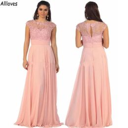 Plus Size Pink Chiffon A Line Bridesmaid Dresses Long Jewel Neck Lace Appliques Beaded Wedding Guest Party Gowns Cap Sleeves Sweep Train Maid Of Honour Dress AL7311