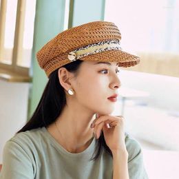 Wide Brim Hats Summer Flat Top Straw Baker Boy Hat For Women Frayed Band Military Beret Cap Ladies Sboy Octagonal With Buttons