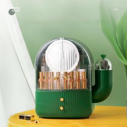 Storage Boxes Light Luxury Cactus LED With Mirror Cosmetics Case Large Volume Lipstick Brush Desktop Dresser Makeup Organizer