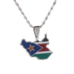 Chains Stainless Steel Enamel South Sudan Map Flag Pendant Necklace Women Men Chain Jewellery