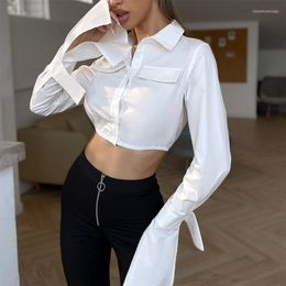 Women's Blouses Cropped Sexy Elegant Women's Shirt Solid Polo Lapel Flared Sleeves Tunics Tops Female 2023 Spring Lady Fashion Party