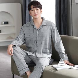 Men's Sleepwear Men Pyjama Set Full Cotton Spring Long Sleeve Print Pajama Suit Autumn Nightwear Pijama Male Two Piece 4XL