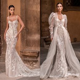 Gorgeous Lace Mermaid Wedding Dresses With Wrap Lace-Up Back Appliqued Bridal Gown Boho Country Sweep Train Vestido De Novia