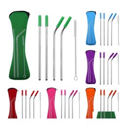 Drinking Straws 4Pcs Reusable Sile Tips Er Stainless Steel Straight Bent Sts With Bag Brush Drop Delivery Home Garden Kitchen Dining Dhip2