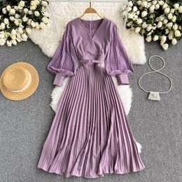 Casual Dresses Vintage Pleated Midi Dress Women Yellow/Purple/Red Lantern Long Sleeve Draped Vestidos With Belt Spring Autumn Elegant Robe