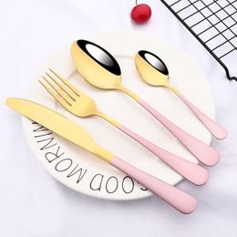 Dinnerware Sets Pink Gold 4Pcs Cutlery Set Stainless Steel Forks Knives Spoons Flatware Kitchen Dinner Tableware Silverware