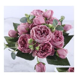 Decorative Flowers Wreaths 30Cm Rose Pink Silk Peony Artificial Bouquet 5 Big Head And 4 Bud Fake For Home Wedding Decoration Indo Dhaws