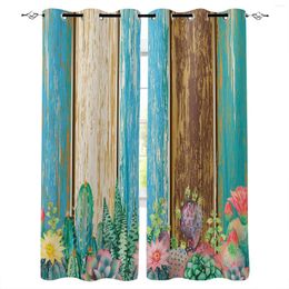 Curtain Blue Green Wood Grain Cactus Texture Curtains For Bedroom Living Room Luxury European