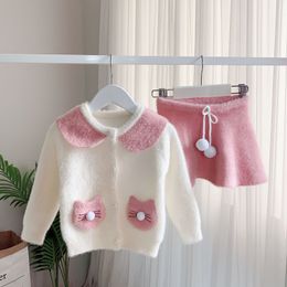 2023 Roupas de primavera definida para meninas Princesa Cashmere Sweater Cute Rabbit Ears Crianças Meninas Cardigan Sweater com saias de duas peças roupas infantis