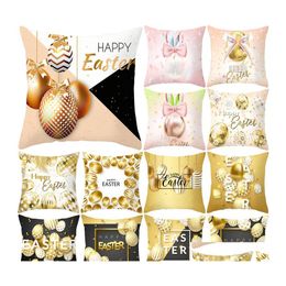 Pillow Case Happy Easter Soft Peach Skin Bunny Rabbit Eggs Printed Square Cushion Er 45X45Cm Drop Delivery Home Garden Textiles Bedd Dhexz
