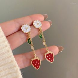 Backs Earrings Cute Long Tassel Flower Strawberry Ear Clip Enamel Red On Without Piercing For Women Party