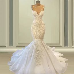 Sexy Spaghetti Strap Mermaid Wedding Gowns Beaded Embroidery Lace Wedding Dresses Sweep Train Organza Bridal Gown Formal Robes BC12623