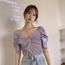Women's Blouses & Shirts Women Solid Style Korean Ruched Designed Purple Slim Elegant Crop Tops Students Chic Female Casual