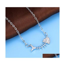 Pendant Necklaces Fashion Fish Bone Design Necklace Personality Synthetic Rhinestone Jewelry Authentic 925 Sterling Sier Chain Drop Dhfun