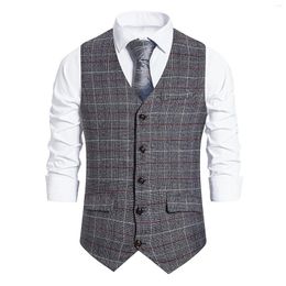 Men's Vests 2023 Men Vintage Waistcoat Sleeveless V Neck Plaid Buttons Slimming Business Weskit Office Party Tops Outfits Plus Size S-2XL