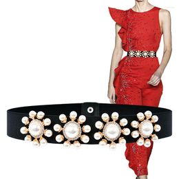 Belts H3494 Women Elastic Waist Belt 3.8cm Narrow Black And White Waistband Female Fashion Pearl Diamond Decoration Luxury Accessories