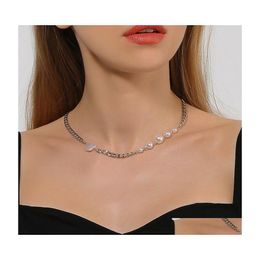 Chains Punk Heart Imitation Pearl Stitching Chain Necklaces For Women Choker Short Sier Colour Hip Hop Collars Chocker Jewelrychains Dhr64