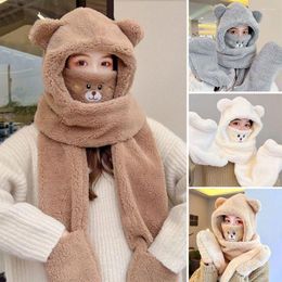 Berets Four Piece Suit Plush Thickened Cute Bear Ear Beanie Hat Bomber Mask Scarf Gloves Skullies Cap