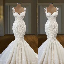 Gorgeous 2023 Mermaid Wedding Dresses Bridal Gown Lace Applique Straps Beaded Corset Back Custom Made Beach Country Plus Size Vestido De Novia