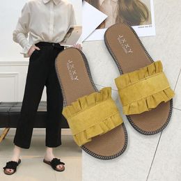 Slippers Women Slipper Round Toe Green Yellow Colours Summer Beach Slides Lace Flip Flops Outdoor Casual Sewing Shoes Woman Solid
