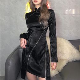 Casual Dresses Vintage Chinese Style Bodycon Black Dress For Women Autumn Slim Asymmetric Fashion Mini Gothic Elegant Party Club Clothes