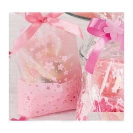 Gift Wrap 100Pcs/Lot Diy Candy Cookie Biscuit Bag Clear Pink Cherry Blossoms Printed Small Plastic Packing Bags For Wedding Party Dr Dh1Km