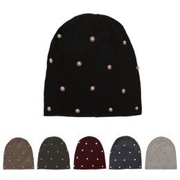 Beanies Beanie/Skull Caps Women Pearl Accessories Soft Elastic Skullies Ladies Solid Colour Knitted Baggy Hats Cotton Warm Fashion Bonnet