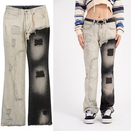 Men's Jeans Harajuku Retro Stitching Tattered Loose Men's 2K Street Clothing Goth Punk Oversized Horn Casual Pants Women's