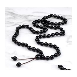 Pendant Necklaces Shiny Black Onyx Beaded Necklace Men 6 8Mm Natural Stone Yoga Meditation Knotted Jewellery Handmade Women Buddhist P Dhavl