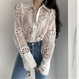 Women's Blouses & Shirts Korean Style Organza Embroidered Petals Quality Shirt For Ladies Hollow Out Tops Fashion Chic Female 20